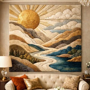 Hand Tufted Sunset Landscape Tapestry Rug, 3D Textured Fiber Art Wall Decor