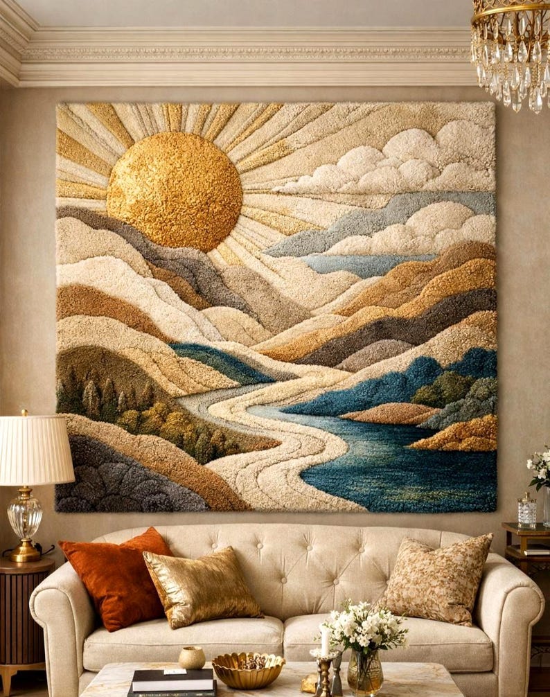 Op de afbeelding: Een grote vierkante getufte wandhanger met een getextureerd landschap. Het kunstwerk toont een gouden zon met stralende zonnestralen boven glooiende heuvels, wolken en een kronkelende rivier in tinten blauw, beige, bruin en cr&egrave;mekleurig garen.