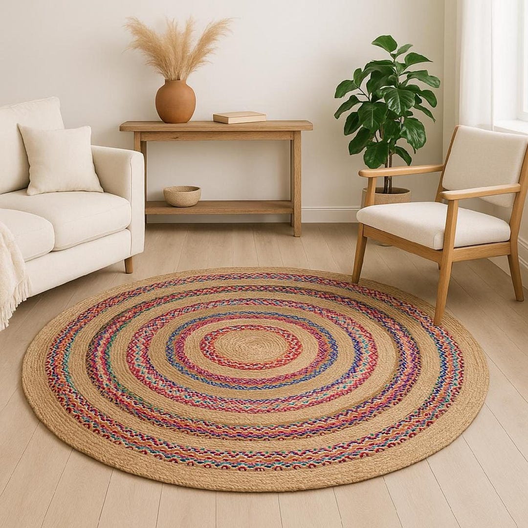 Yute Round Rug Handmade Jute Rug: Colorful Braided Round Boho Area Mat Custom Size 8x8 ...