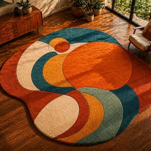 May include: A large, abstract area rug with a unique, organic shape. The rug features a vibrant color palette of orange, teal, yellow, and cream, arranged in a circular, layered design. The rug is placed on a wooden floor.