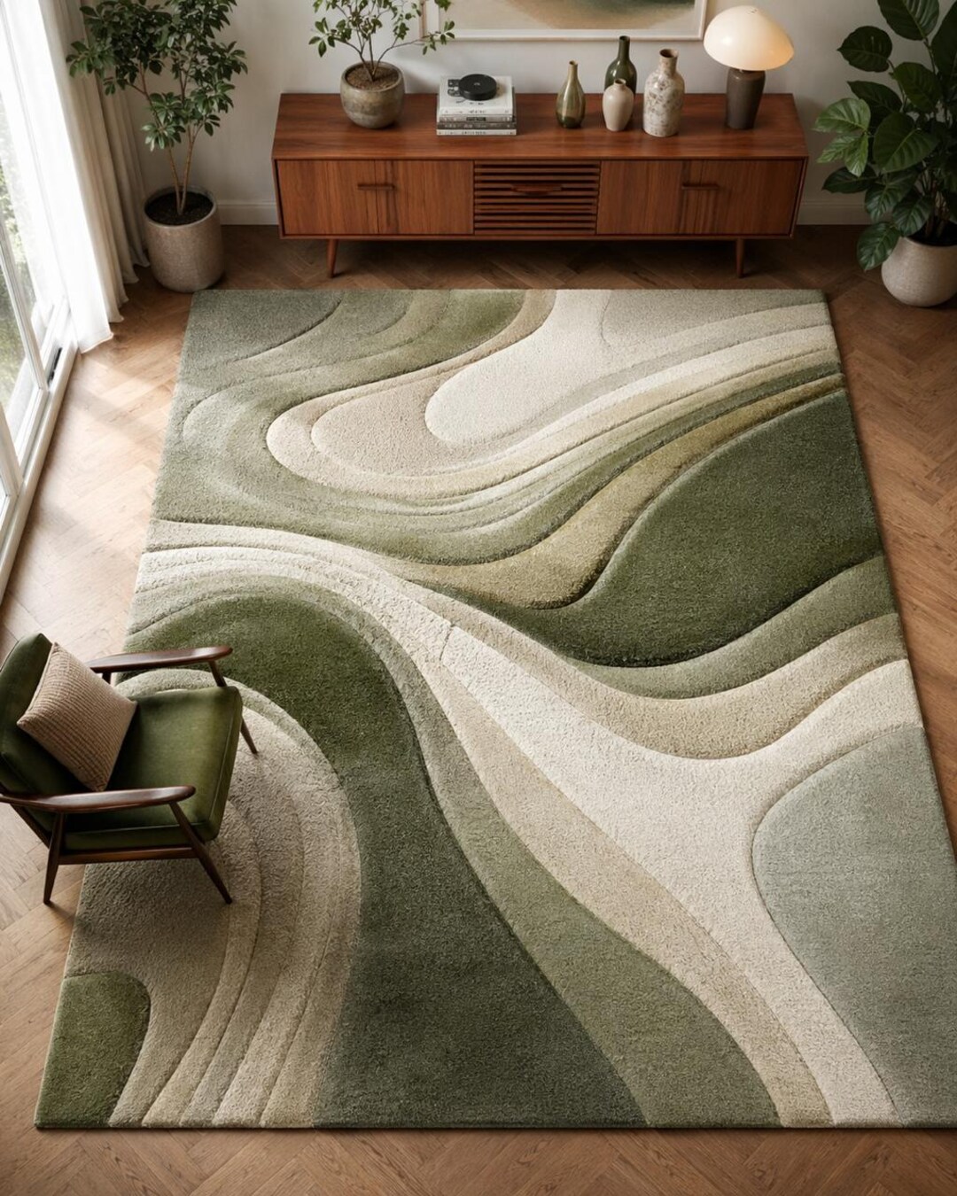 Patterned Green Rug Abstract Design Hand Tufted Green Abstract Area Rug, Plush Swirl Carpet, Nature ...
