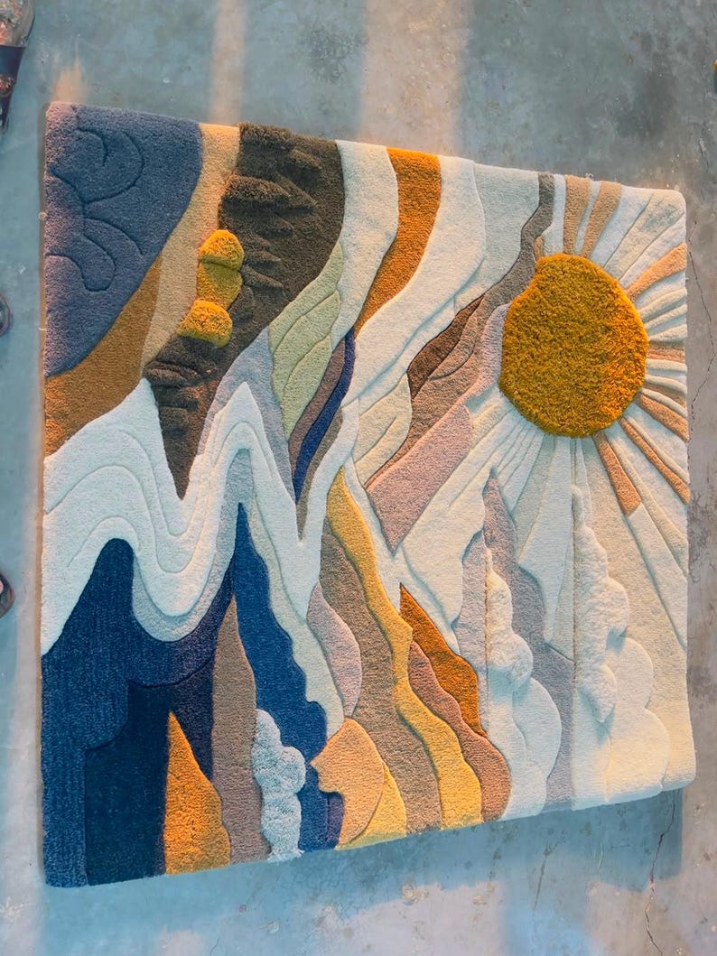 Handgetuft wandtapijt met zonsonderganglandschap, 3D-getextureerde vezelkunst muurdecoratie afbeelding 11