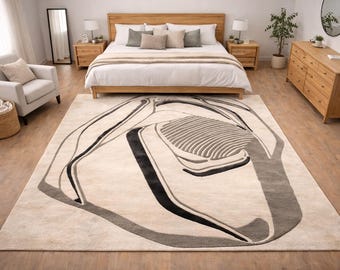 Hand Tufted Wool Rug, Large Abstract Modern Carpet, Neutral Grey Black 8x10