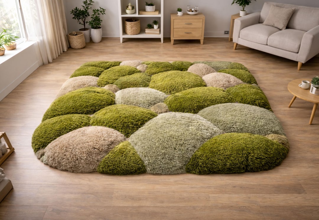 Hand Tufted Moss Green Pebble Rug, Plush High Pile Organic Carpet - Etsy