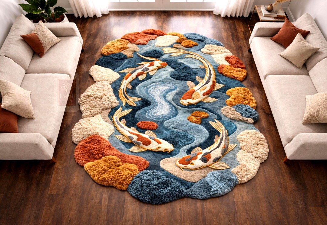 Red Koi Rug Hand Tufted Koi Pond Rug, 3D Sculpted Shag Carpet, Japanese Inspired ...