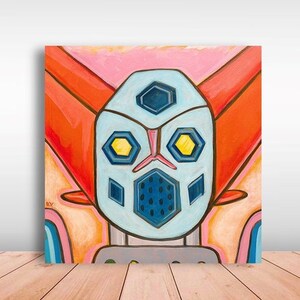 May include: Abstract painting of a robot face with a blue, yellow, and orange color scheme. The robot has a large, geometric head with a blue face mask and yellow eyes.