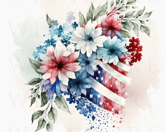 Watercolor 4th of July Floral Clipart Set 10 High Quality Jpgs Digital ...