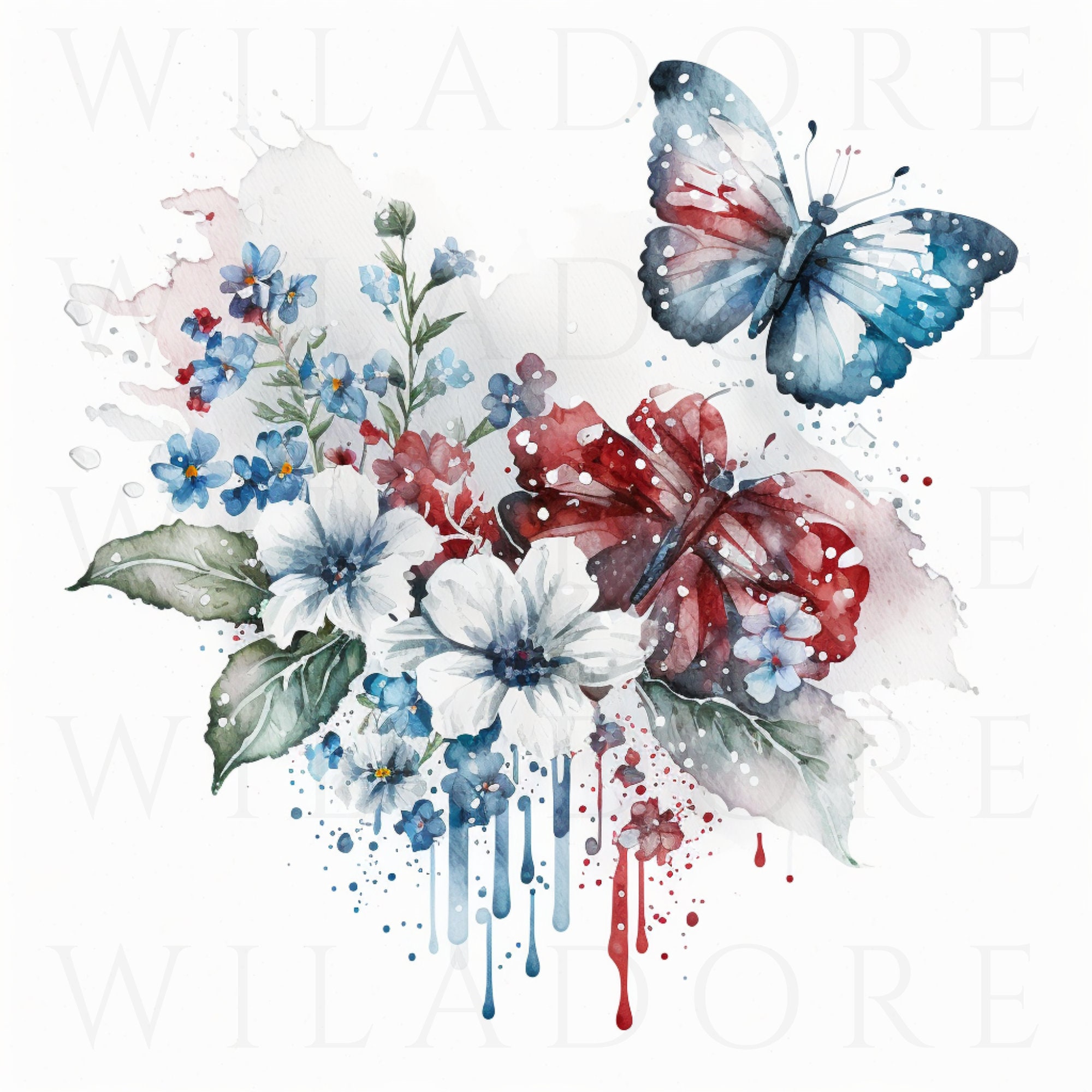 10 Watercolor Floral Clipart Independence Day Flowers Butterfly Rain ...
