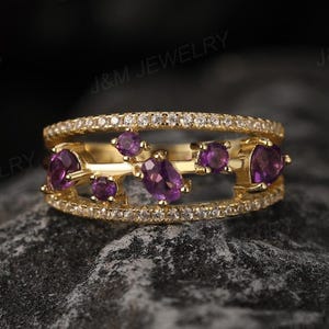 Natural Amethyst Wedding Band, Gorgeous Amethyst Promise Ring, Purple Gemstone Statement Ring, Anniversary Gift For Her