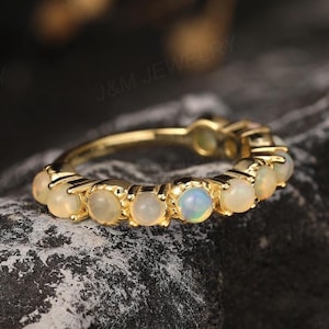 Natural Opal Ring, White Opal Wedding Band, Unique Stacking Ring, Elegant Gold Statement Ring, Half Eternity Ring, Anniversary Gift For Her