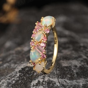 Natural Opal Ring, Pink Sapphire Wedding Band, White Opal Statement Ring, Unique Stacking Ring, Half Eternity Ring, Anniversary Gift For Her