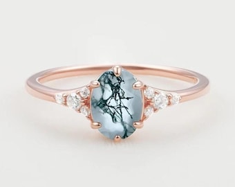 Moss Agate Engagement Ring, Unique Gold Promise Ring, Oval Shaped Mos Agate Ring, Dainty Green Gemstone Wedding Ring, Anniversary Gift