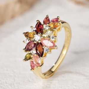 Natural Tourmaline Engagement Ring, Mix Color Tourmaline Promise Ring， Unique Tourmaline Wedding Ring， Anniversary Gift For Her