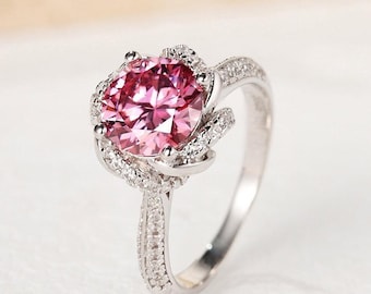 Nature Inspired Pink Moissanite Ring，2 Carat Moissanite Engagement Ring, Elegant Flower Statement Ring, Anniversary Gift for Her