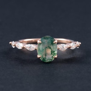 Unique Oval Natural Moss Agate Engagement Ring, Dainty Natural Agate Wedding Ring,  Rose Gold Agate Promise Ring，Anniversary Gift For Her