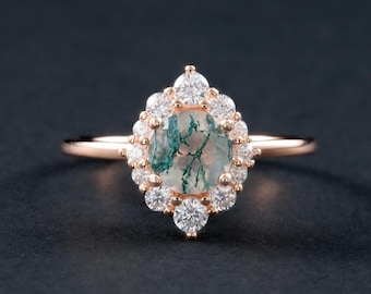 Unique Round Natural Moss Agate Engagement Ring, Green Moss Agate Wedding Ring, Rose Gold  Aquatic Agate Promise Halo Ring，Anniversary Gift