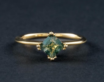 Princess Moss Agate Ring, Green Moss Agate Engagement Ring, Natural Agate Wedding Gold Ring,  Bridal Promise Ring，Anniversary Gift For Her