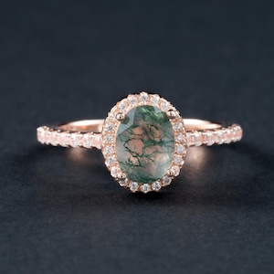 Oval Moss Agate Engagement Ring，Rose Gold Halo Wedding Ring,  Natural Green Aquatic Agate Promise Ring，Anniversary Gift For Her