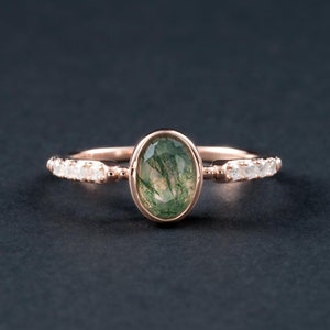 Oval Moosachat Verlobungsring, Rosegold Moosachat Versprechen Ring, zierliche natürliche Achat Ehering, einzigartiges Jubiläumsgeschenk für sie