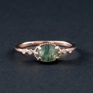 Anillo de compromiso ovalado de ágata musgosa, delicado anillo de boda de ágata natural, anillo de promesa de oro rosa para mujer, anillo de boda nupcial, regalo de aniversario