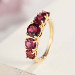 Natural Rhodolite Garnet Five-Stone Engagement Ring, Round Cut, Sterling Silver or Solid Gold