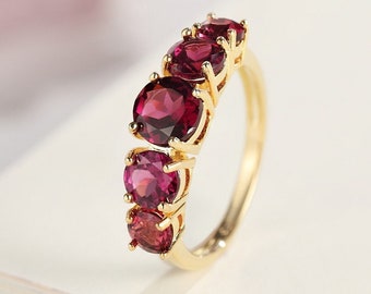 Natural Rhodolite Garnet Ring, Half Eternity Engagement Ring, 5 Stone Statement Ring, Purple Gemstone Ring, Anniversary Gift