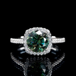 Blue-Green Moissanite Wedding Ring, 2 Carat Engagement Ring, Elegant White Gold Wedding Ring, Halo Ring, Anniversary Gift for Her
