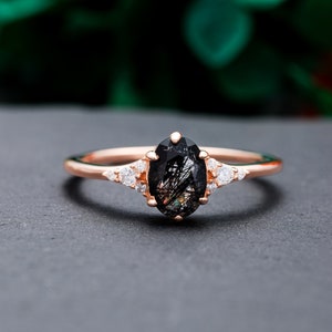 Black Rutilated Quartz Ring | Black Engagement Ring | Moissanite Ring | Black Stone Ring | Art Deco Jewelry | Birthstone Promise Ring