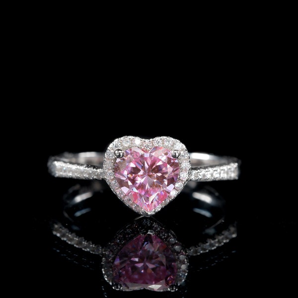 Pink Moissanite Engagement Ring，1 Carat Heart-shaped Moissanite Wedding Ring ，White Gold Promise Ring，Halo Ring， Anniversary Gift for Her