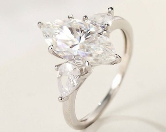 Elegant Moissanite Engagement Ring, 3 Carat Marquise Cut Moissanite Ring, White Gold Statement Ring, Anniversary Gift for Her