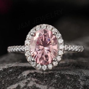 Pink Moissanite Engagement Ring, 2 Carat Pink Moissanite Ring, Unique Halo Wedding Ring, White Gold Statement Ring, Anniversary Gift