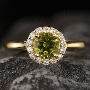 Elegant Peridot Statement Ring, Natural Peridot Ring, Unique Halo Wedding Ring, Green Gemstone Engagement Ring, Anniversary Gift For Her