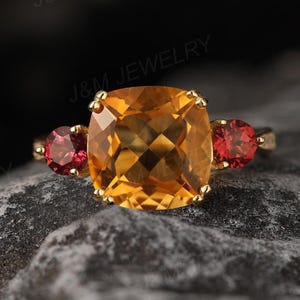 Unique Natural Citrine Ring, 3 Stone Statement Ring, Natural Garnet Ring, Yellow Gemstone Ring, Elegant Engagement Ring, Anniversary Gift