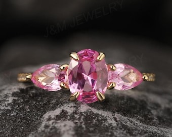 Pink Sapphire Statement Ring | Unique Pink Gemstone Engagement Ring | Elegant Oval Gemstone Ring | 3-Stone Ring | Anniversary Gift For Her