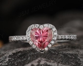 Pink Moissanite Engagement Ring, 1 Carat Heart-Shaped Moissanite Wedding Ring, White Gold Promise Ring, Halo Ring, Anniversary Gift for Her