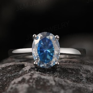 Blue Moissanite Engagement Ring, 2 Carat Blue Moissanite Wedding Ring, Unique Solitaire Statement Ring, Anniversary Gift For Her