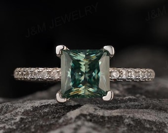 Blue-Green Moissanite Wedding Ring, 2 Carat Princess Cut Engagement Ring, Elegant White Gold Statement Ring, Anniversary Gift