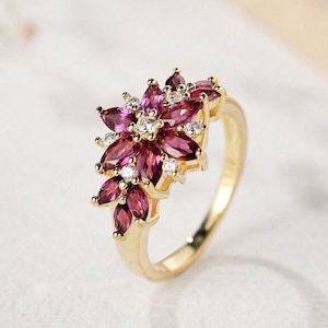 Rhodolite Garnet Gold Ring, Floral Promise Ring, Anniversary Gift