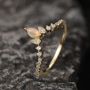 Natural Opal Ring, White Opal Wedding Band, Unique Stacking Ring, Elegant Gold Statement Ring, Half Eternity Ring, Anniversary Gift For Her