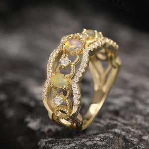 Natural Opal Ring, White Opal Wedding Band, Unique Stacking Ring, Elegant Gold Statement Ring, Half Eternity Ring, Anniversary Gift For Her