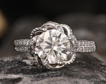 Nature Inspired Moissanite Wedding Ring, 2 Carat Moissanite Engagement Ring, White Gold Flower Ring, Anniversary Ring Gift for Her