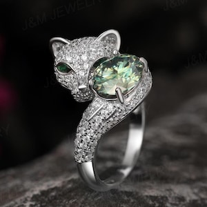 Panther Engagement Ring | Green Moissanite Ring | Pave Wrap Ring | 2 Carat Anniversary Gift | Vow Renewal Ring | Unique Statement Ring