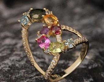 Tourmaline Statement Ring, Multi-Color Gemstone, Sterling Silver or Gold