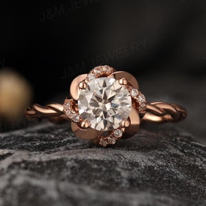 Elegant Diamond Engagement Ring, 1 Carat Lab Grown Diamond Ring, Unique Floral Twisted Band, Gold Wedding Ring, Anniversary Gift for Her