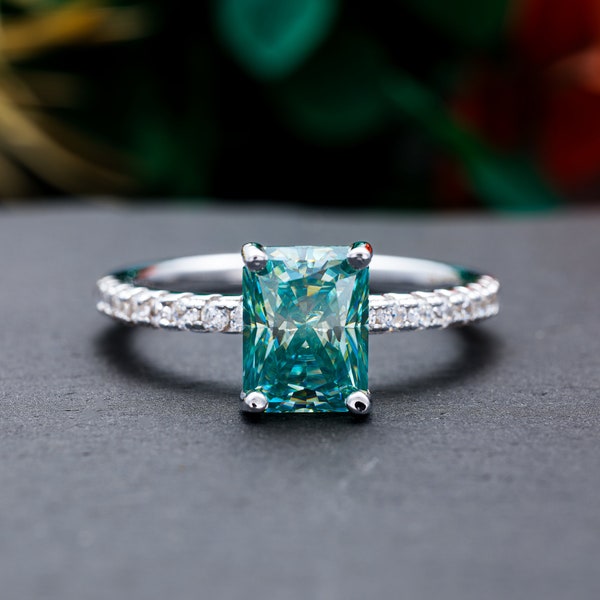 Sea Green Moissanite Ring | Half Eternity Ring | Unique Engagement Ring | 2 Carat Stone | Solitaire Wedding Ring | Anniversary Gift