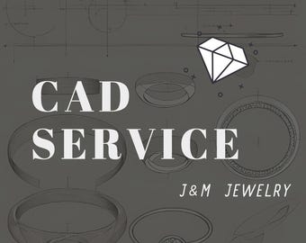 Op de afbeelding: Een grijswaardenafbeelding met schetsen van sieradenontwerpen en de tekst "CAD SERVICE" in witte letters. Een diamantafbeelding en de tekst "J&M JEWELRY" zijn ook aanwezig. De achtergrond is donkergrijs.