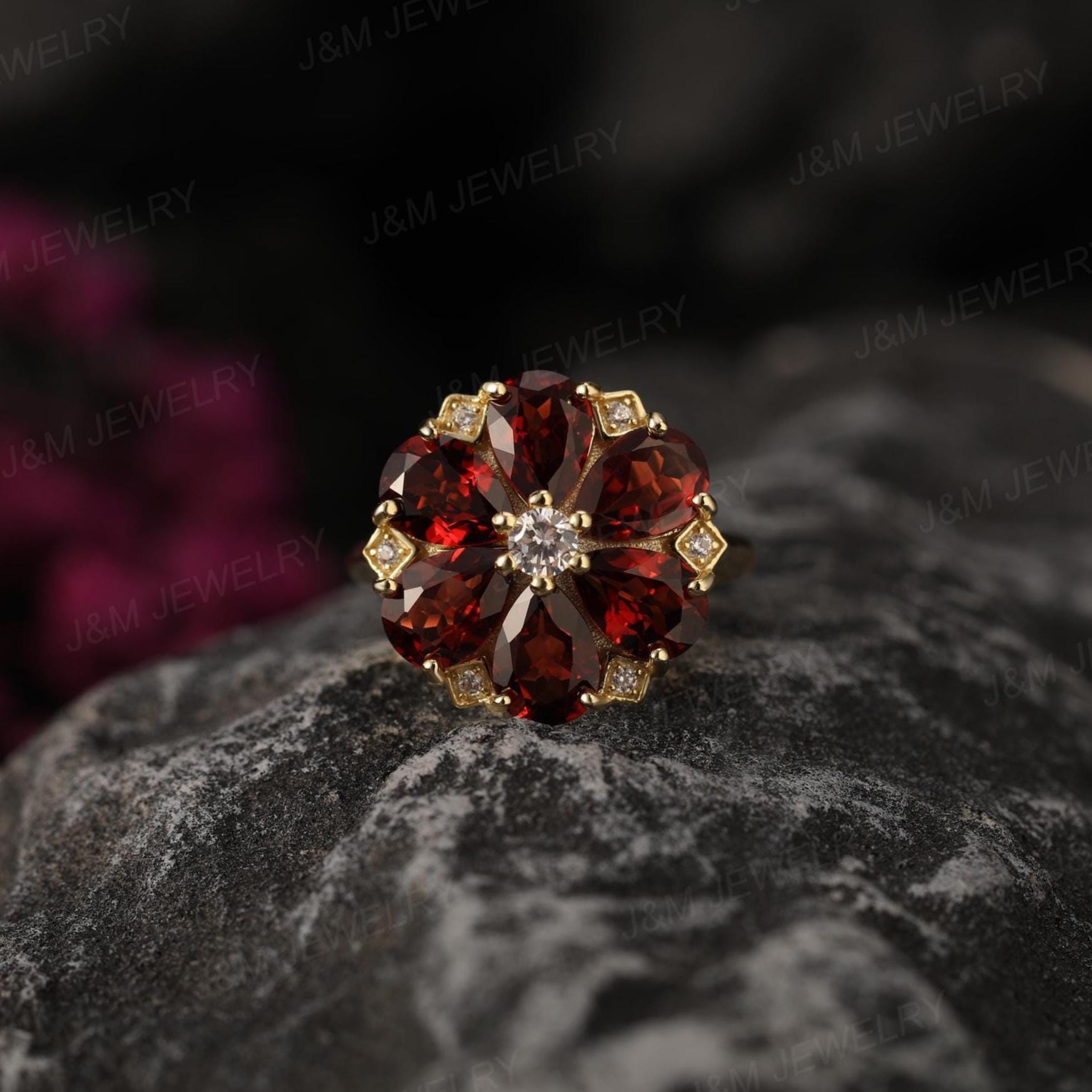 Natural Garnet Engagement Ring, Unique Cluster Statement Ring, Multi-Stone Gold Ring, Red Gemstone Wedding Ring, Anniversary Gift for Her