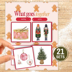 Attività di abbinamento per la scuola materna di Natale stampabile Cosa va insieme Tappetini e carte di smistamento di Natale Creazione di associazioni Montessori per bambini piccoli Scarica