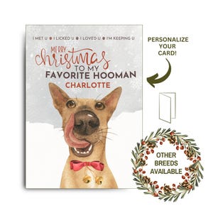 Divertida tarjeta navideña para mascotas de un perro marrón para mi humano favorito. Tarjeta navideña imprimible para papá perro, mamá perro, amigo peludo, amante de los cachorros. Regalo para dueño.