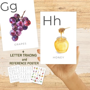 Alphabet imprimable nourriture cartes flash grand format utilisation en classe aquarelle décoration de chambre d'enfant préscolaire Montessori ABC lettre traçage apprentissage